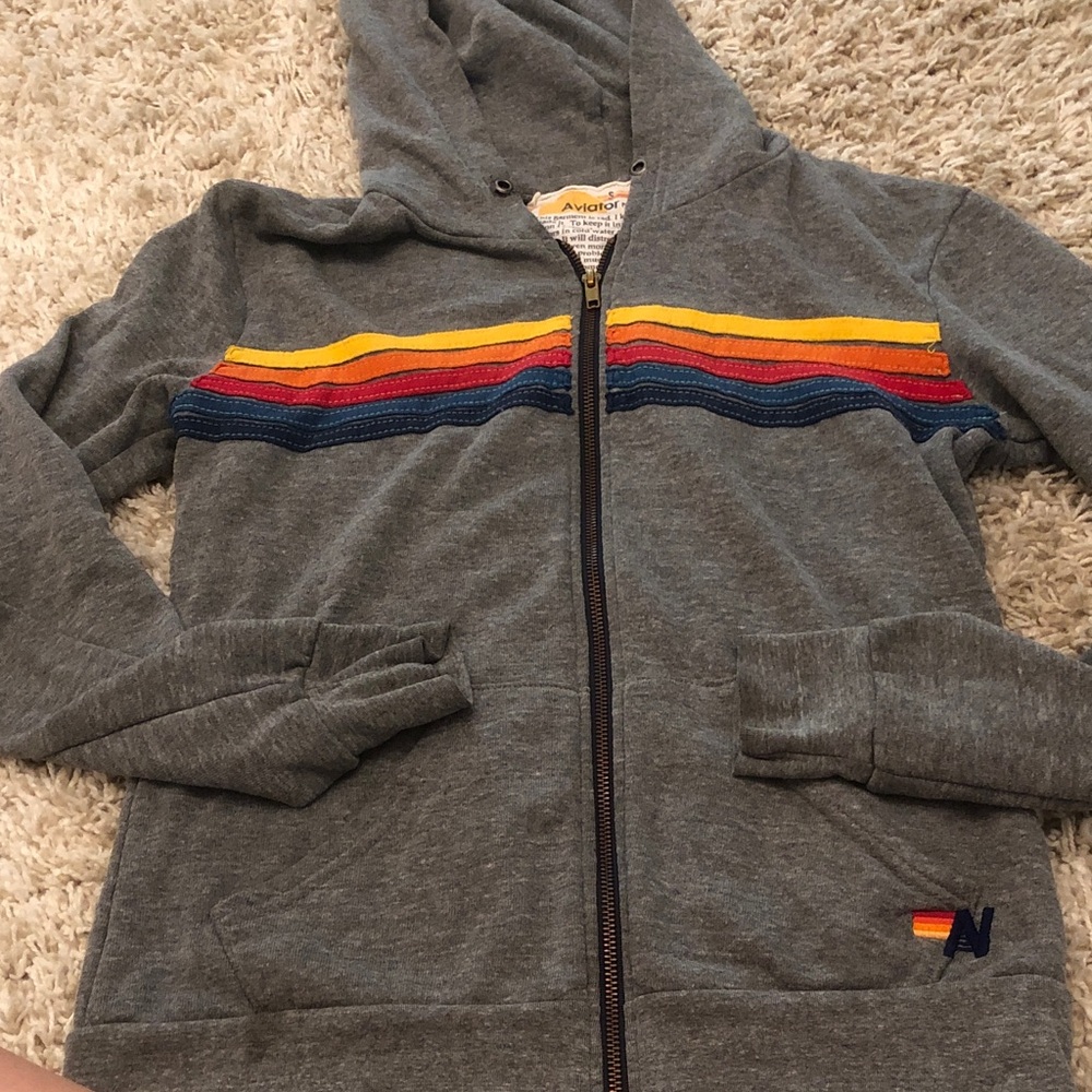 Aviator Nation Gray Hoodie with Rainbow Stripes